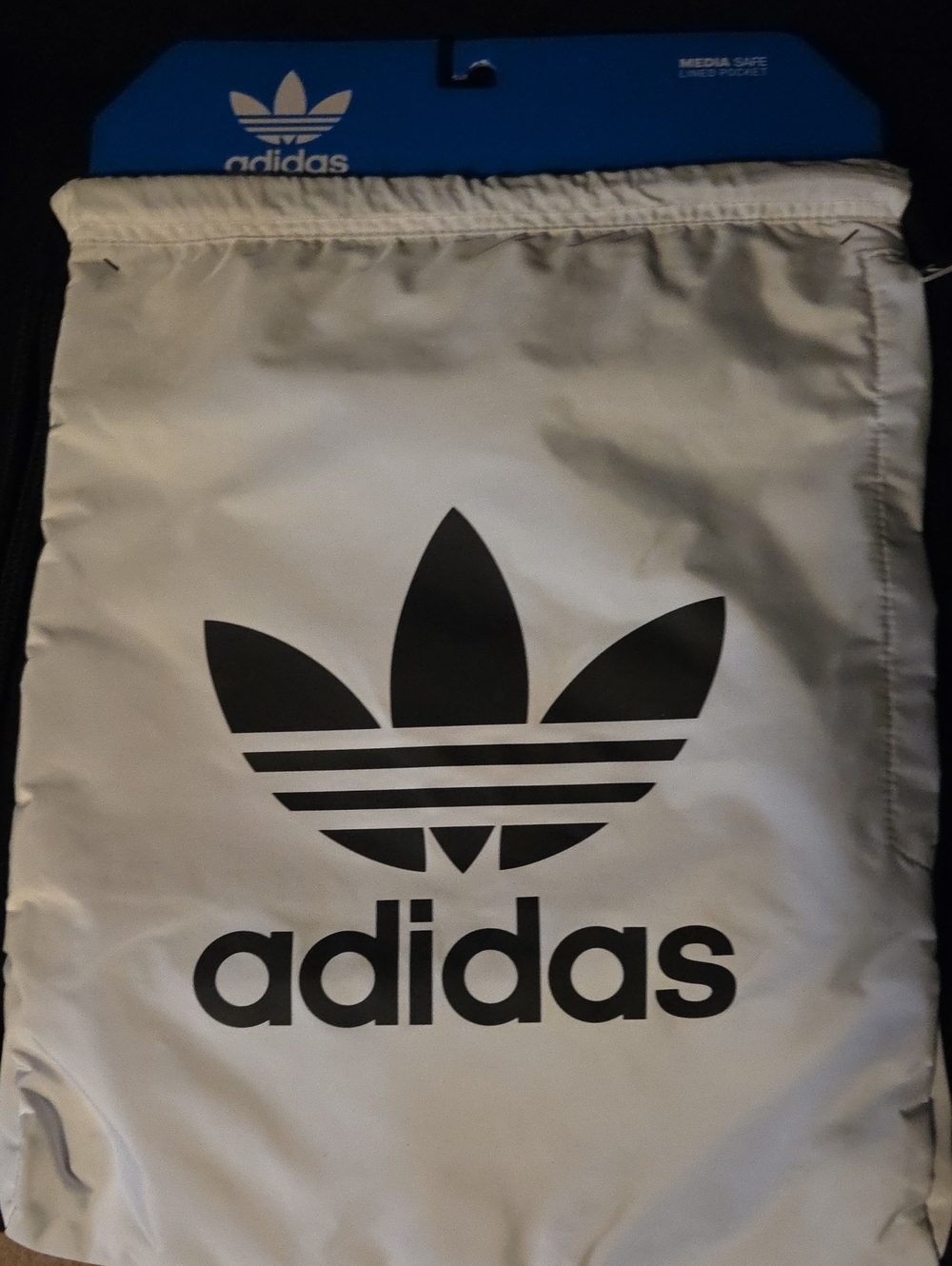 adidas White Drawstring Backpack with Black Trefoil Logo